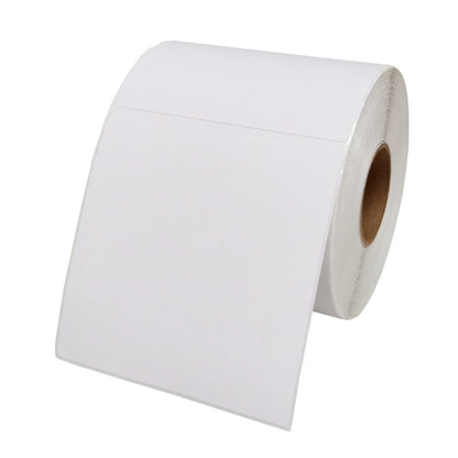 White self-adhesive thermal shipping label sheets, partially rolled on paper backing