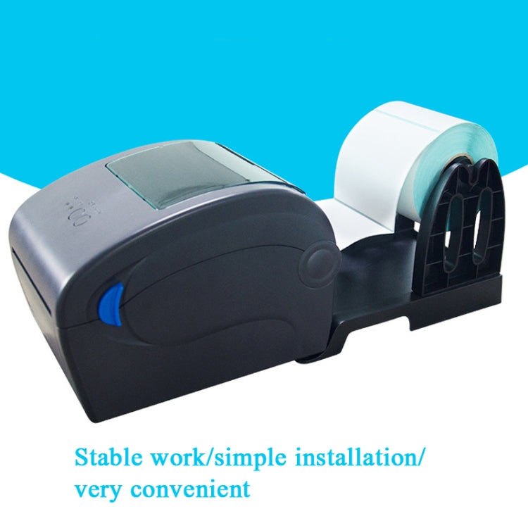 Black label printer bracket with teal paper roll holder and front label feed slot