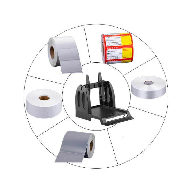 Label paper roll holder with black bracket and included rolls for printing
