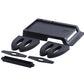Black label tray bracket set with base plate, guide pieces, and label feed parts