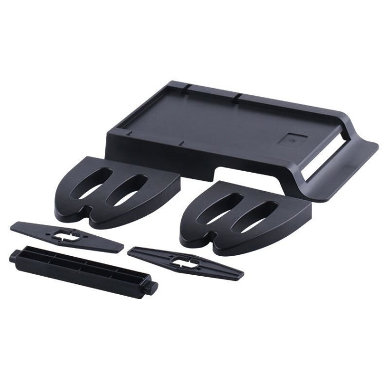 Black label tray bracket set with base plate, guide pieces, and label feed parts