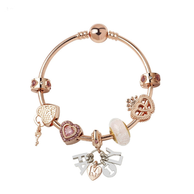 Rose gold heart lock charm bracelet with heart dangle beads and linked charms