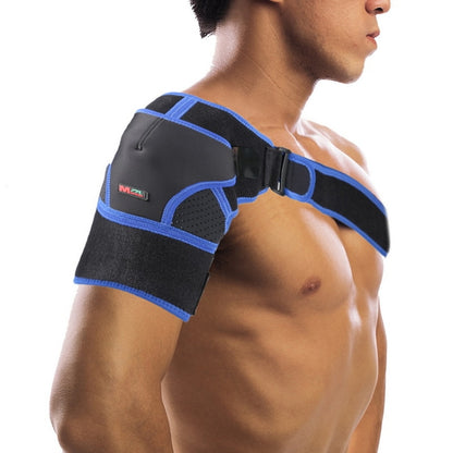 Adjustable shoulder protective brace with black and blue straps and padded support