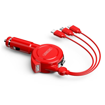 Red retractable car charger with multi-port adapter and bundled charging cables