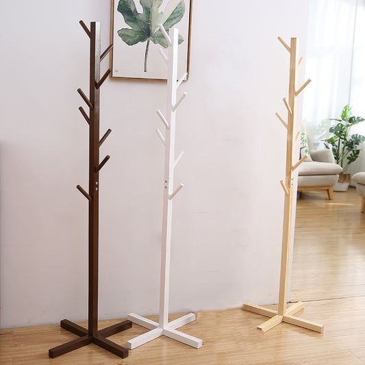 Solid Wood Floor Coat Rack Living Room Bedroom Clothes Organizing Storage Rack, White, Wood Color, Coffee