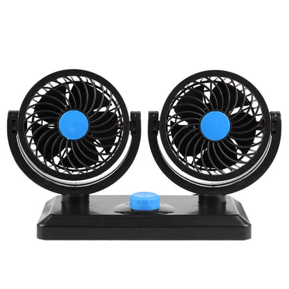 Portable double-head car fan with black dual circular blades and blue center buttons