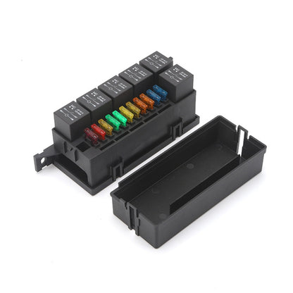 Car fuse and relay box with installed 11 fuses and relay cover, black housing