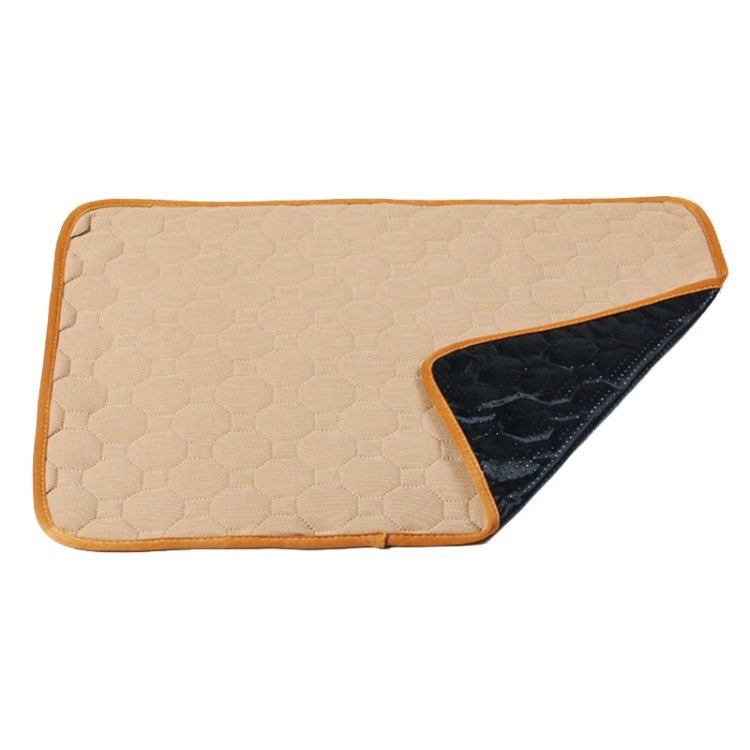 Waterproof pet pad, beige hex-pattern top with orange trim and black underside