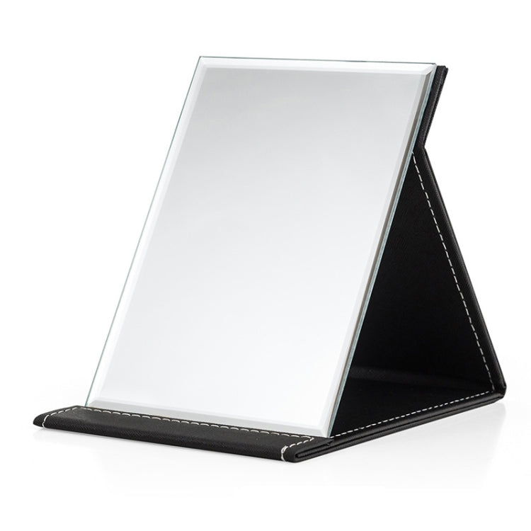 Folding desktop makeup mirror with white glass and black PU leather base stand