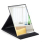 Folding desktop makeup mirror with white glass and black PU leather base, angled