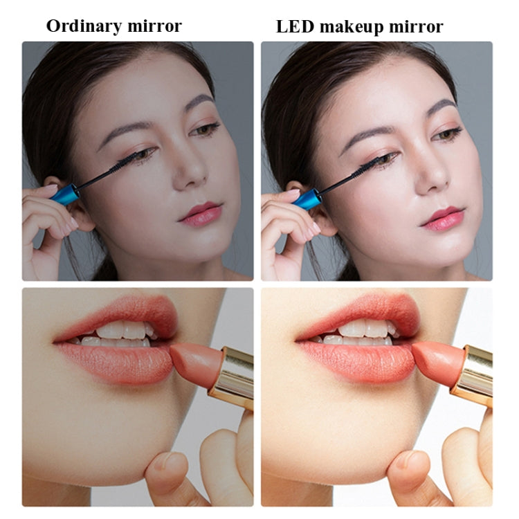 LED makeup mirror in use while applying makeup, face and brush shown