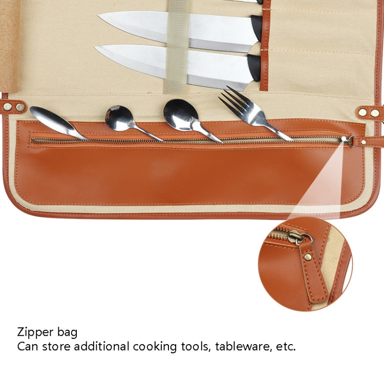 Brown knife roll bag interior with knife pockets and zippered tool compartment