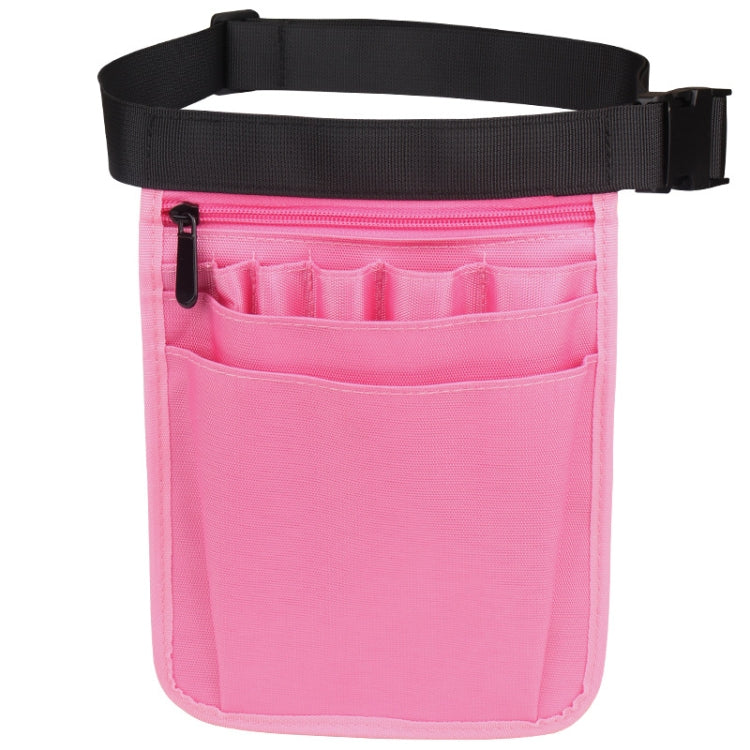 Pink medical storage waist bag with front zip pocket and divided organizer slots