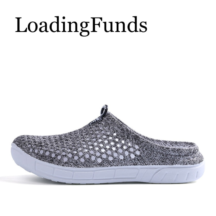 Breathable half slipper shoes in heather gray knit with perforation pattern and white sole
