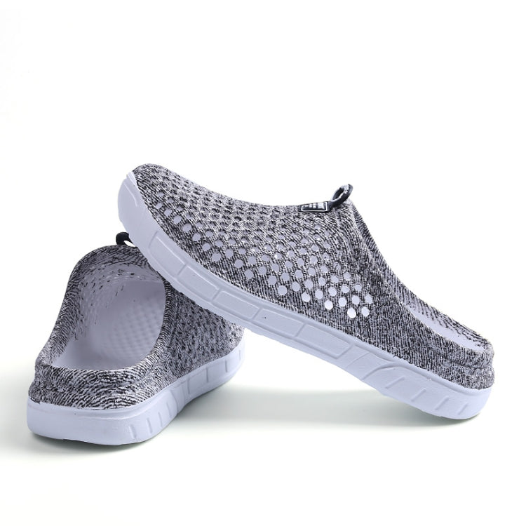 Breathable half slipper shoes, heather gray textured knit with perforations and white sole