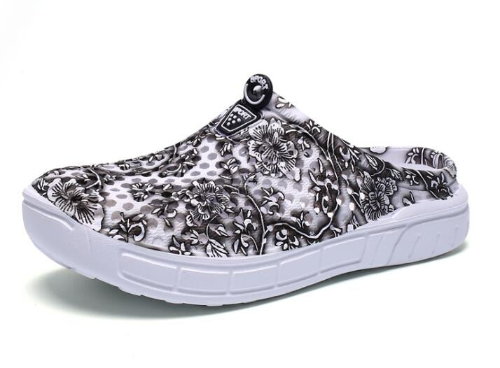 Black-and-white floral breathable half slipper shoes with cushioned white sole