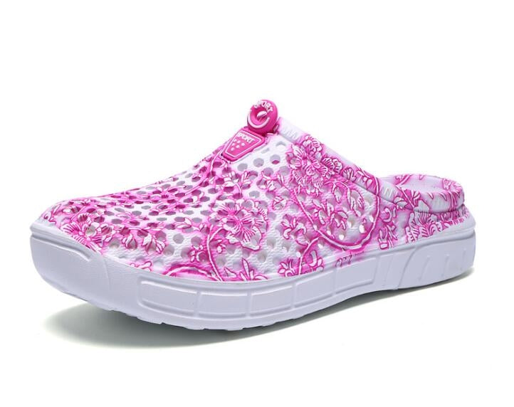 Women’s pink floral hollow slip-on half slippers with white cushioned sole