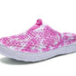Pink floral mesh half slippers with hollow design and white rubber sole
