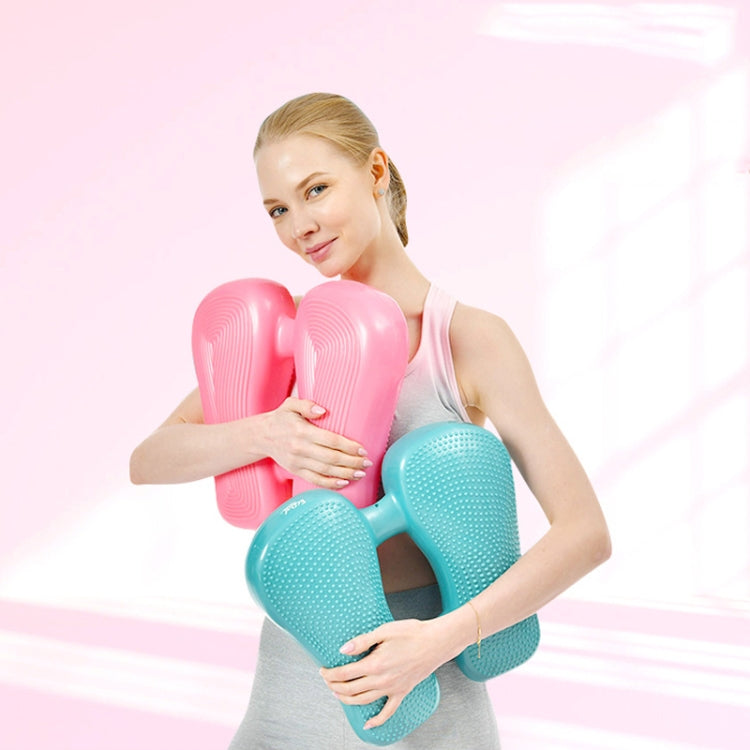 Pair of inflatable yoga massage foot pads, teal and pink with raised bump texture