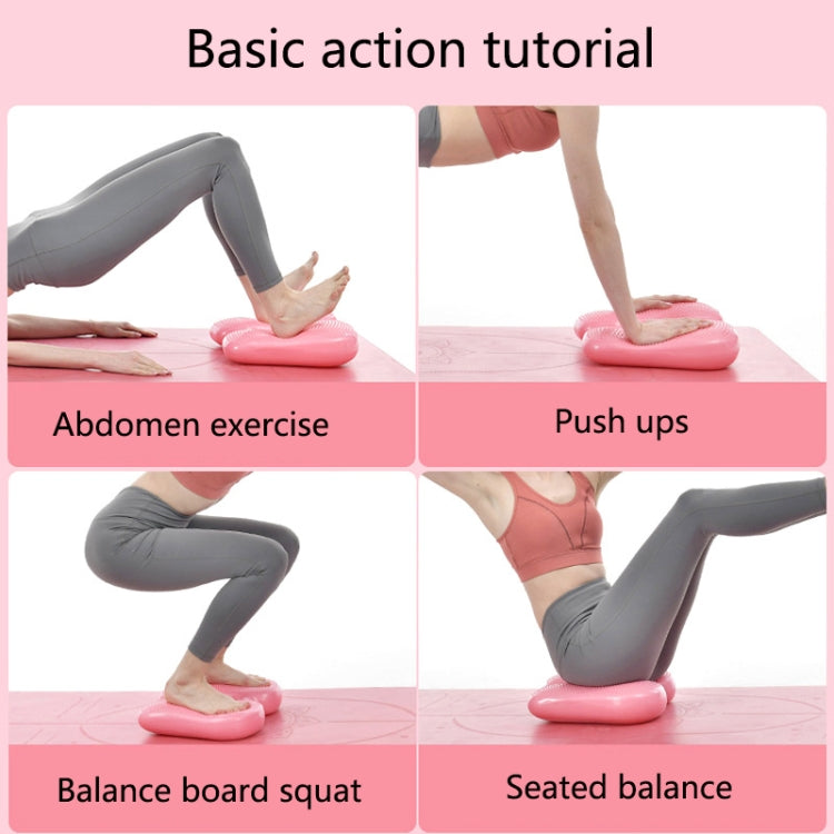 Inflatable yoga massage foot pad shown in basic exercise poses for balance
