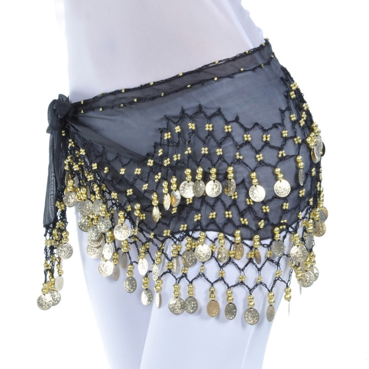 Black belly dance hip scarf belt with layered coin fringe and waist wrap ties