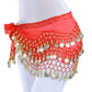 Red belly dance hip scarf with 3-row coin fringe waist chain wrap, one-size