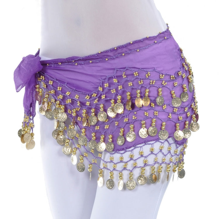 Purple belly dance hip scarf belt with layered coin fringe and waist chain