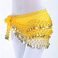 Yellow belly dance hip scarf with 3-row coin fringe waist chain wrap, one-size
