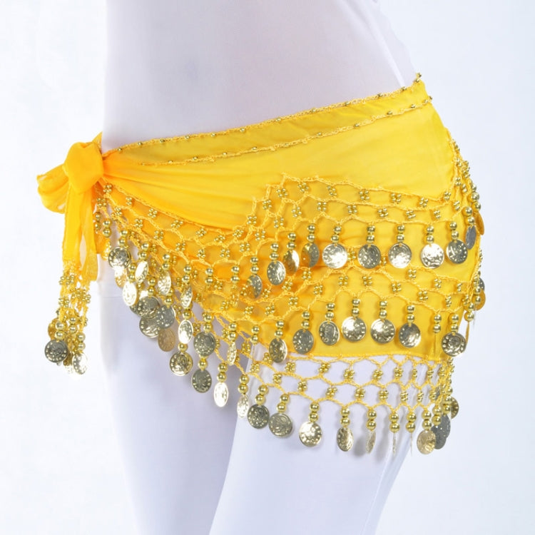 Yellow belly dance hip scarf with 3-row coin fringe waist chain wrap, one-size