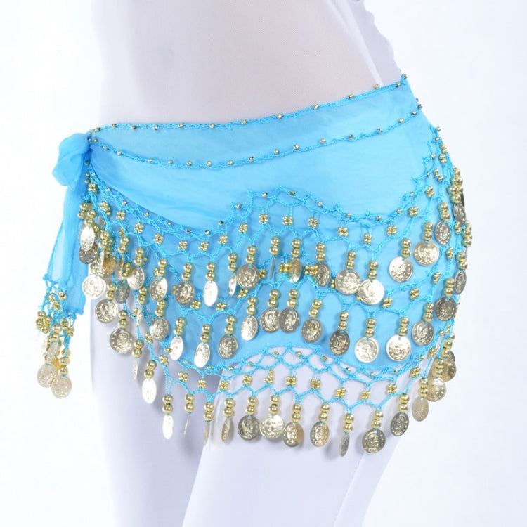Blue belly dance hip scarf belt with layered coin fringe and waist chain