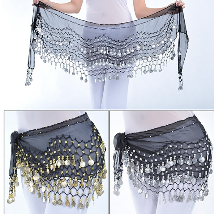 Black belly dance hip scarf worn on hips with dangling coin fringe and ties