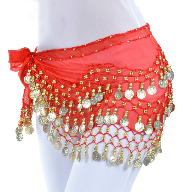 Red belly dance hip scarf worn on hips with dangling coin fringe and ties
