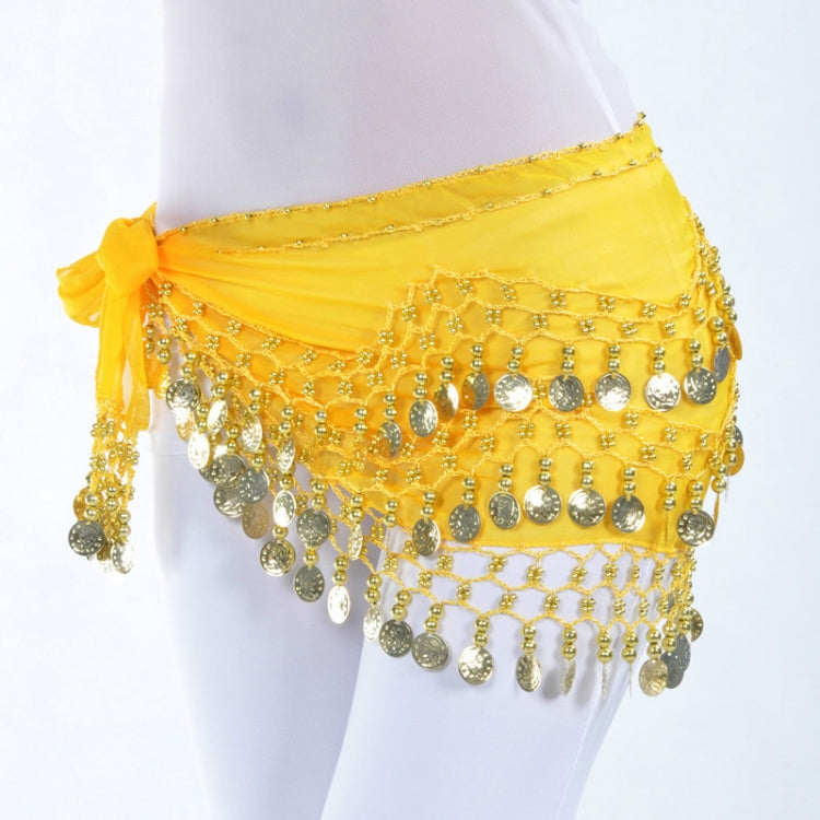 Yellow belly dance hip scarf worn on hips with dangling coin fringe and ties