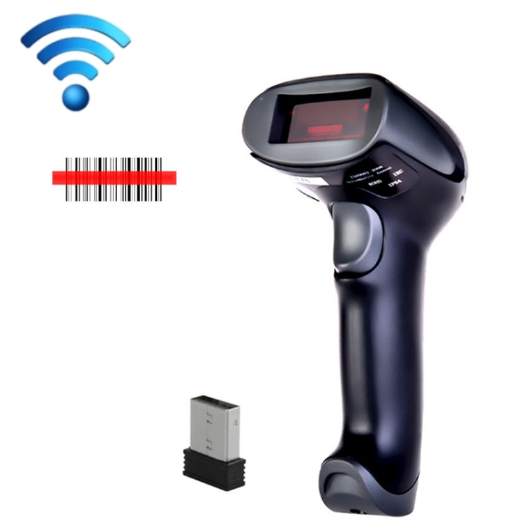 NETUM handheld barcode scanner with red scan line and wireless signal icon