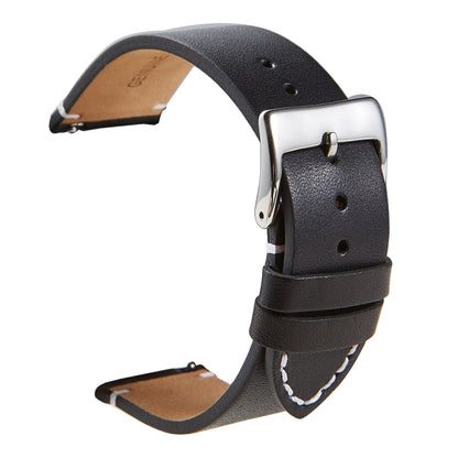 Black leather watch strap with silver buckle and stitched inner edges