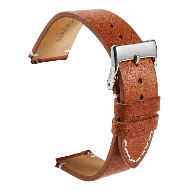 Rust brown leather watch strap with silver buckle and stitched inner edges