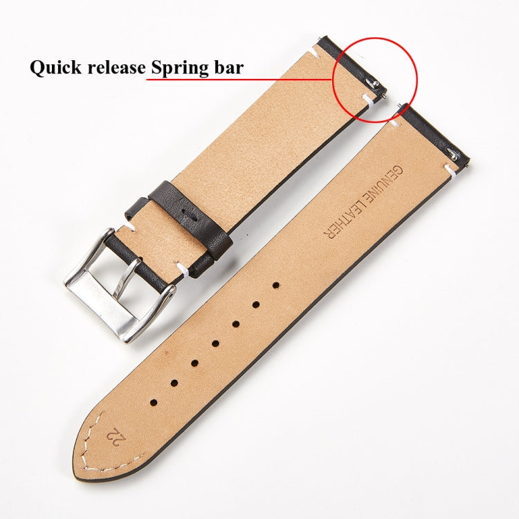 Tan and dark brown leather watch strap showing quick release spring bar at lug end