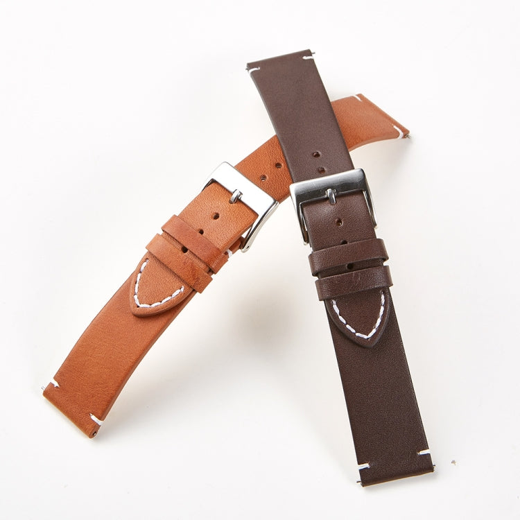 Two-tone leather watch straps with stitched trim and metal buckles, tan and dark brown