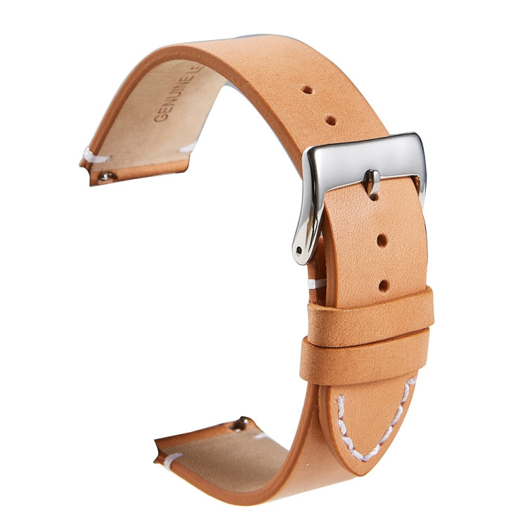 Light tan leather watch strap with silver buckle and visible adjustment holes