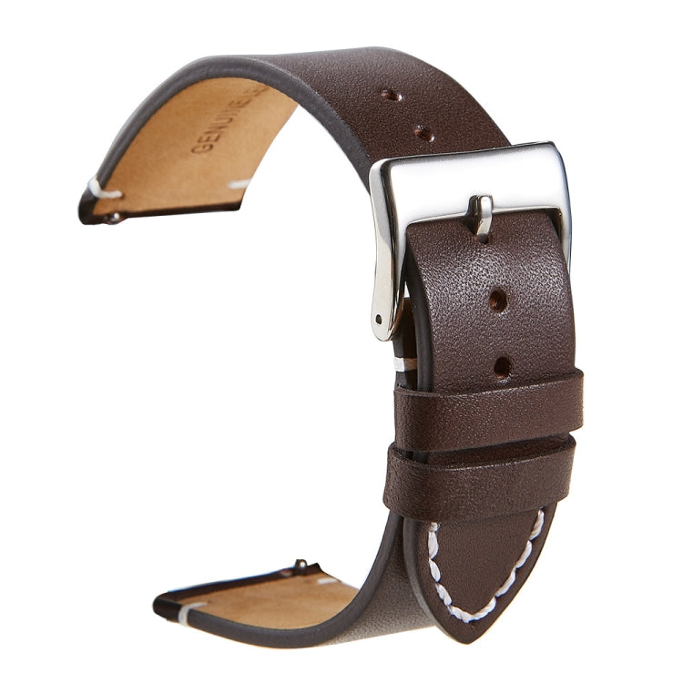 Deep brown leather watch strap with silver buckle and stitched trim