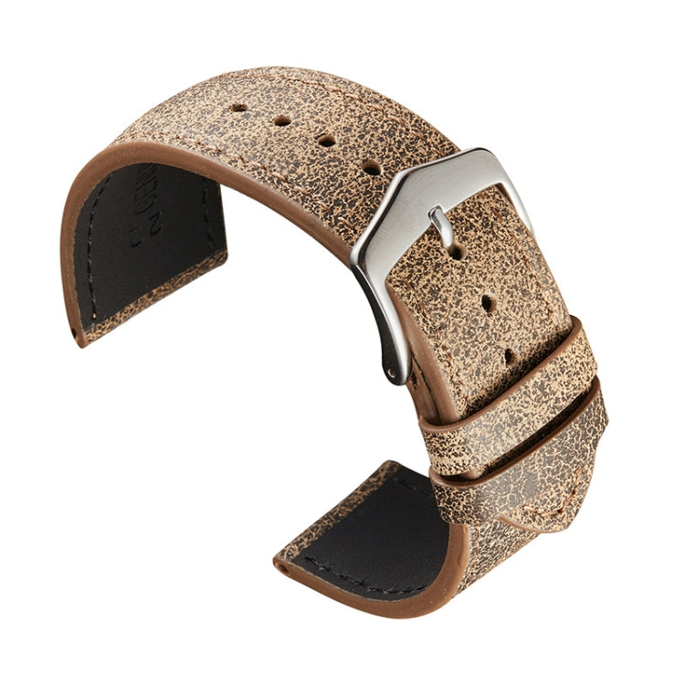 Light coffee beige leather watch strap with broken texture, silver buckle and pin holes