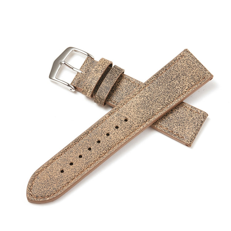 Light brown cowhide watch strap, broken-texture finish, metal buckle, stitched perforations
