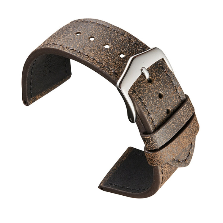 Deep coffee brown leather watch strap with silver buckle, punched holes and strap keeper
