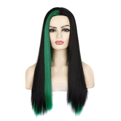 Long straight synthetic wig with side bangs, black with green highlight streak