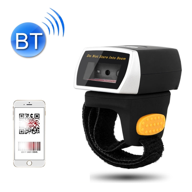 Wireless Bluetooth ring barcode scanner with black cradle and orange indicator button