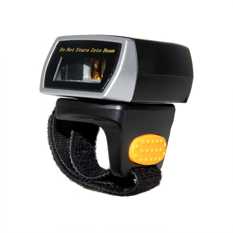 Wireless Bluetooth ring barcode scanner, close-up view of display window and orange button