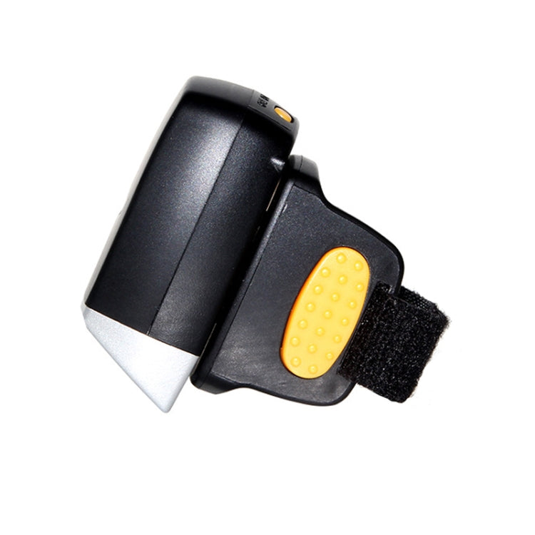 Wireless Bluetooth ring barcode scanner, side view with orange textured control pad