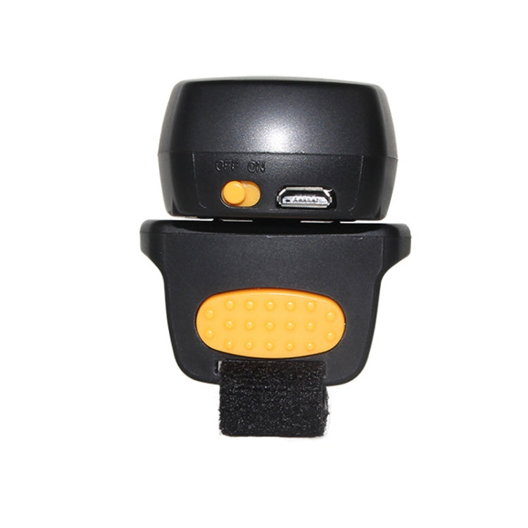 Wireless Bluetooth ring barcode scanner, front view with charging port and orange button