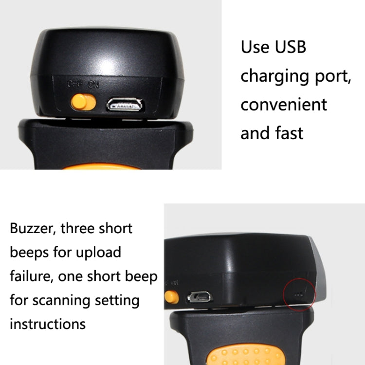 Wireless Bluetooth ring scanner showing USB charging port and orange status button