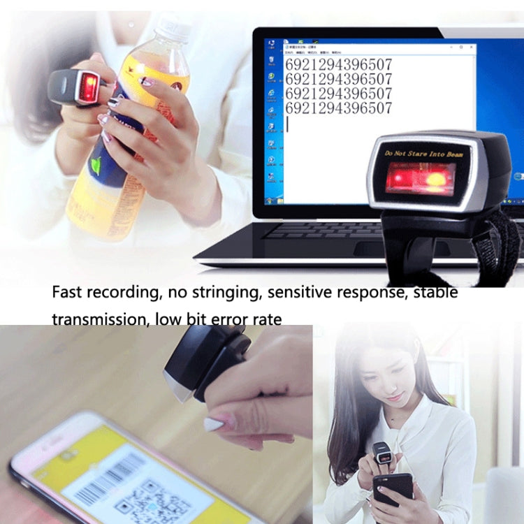Wireless Bluetooth ring barcode scanner in use with a laptop and smartphone